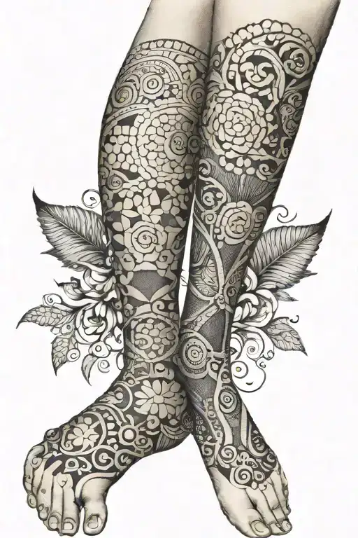 patch work leg sleeve tattoo design idea