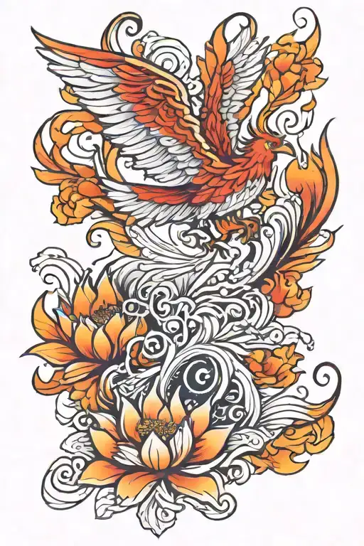 flaming Phoenix flying out of lotus flower tattoo design idea