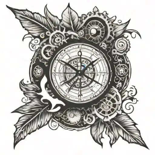 maori motherboard black and white old clock compass  tattoo design idea