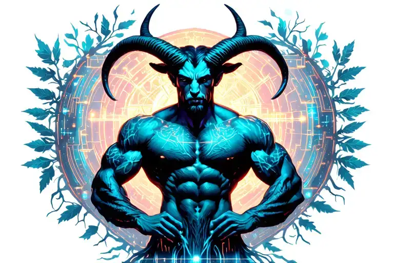 gay male horned lustful satyr with massive bodybuilder muscles. tree roots, constellations, leafy vine system tattoo design idea