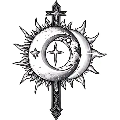 sun moon stars and a cross intertwined tattoo design idea