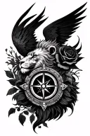 phoenix, lion, compass, black rose tattoo design combining elements tattoo design idea