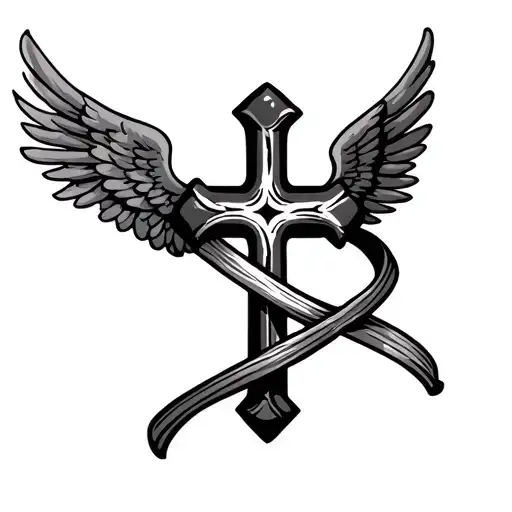 cross with angel wings and barber pole intertwined tattoo design idea