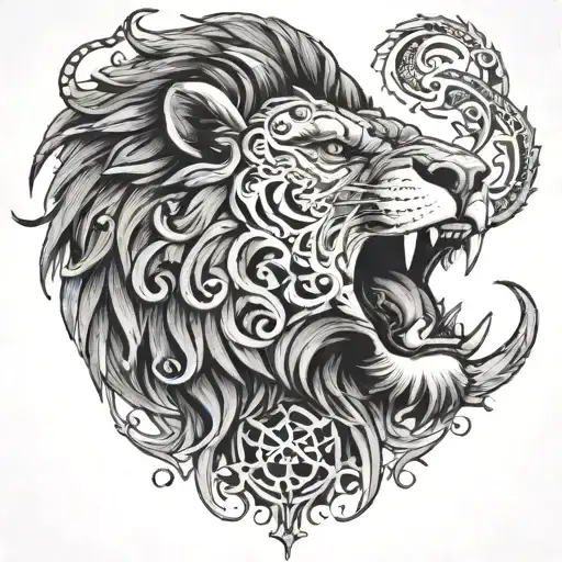 A tribal-inspired lion roaring with a dragon curled around it tattoo design idea