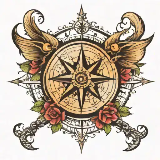 compass rose with fish hooks incorporated tattoo design idea