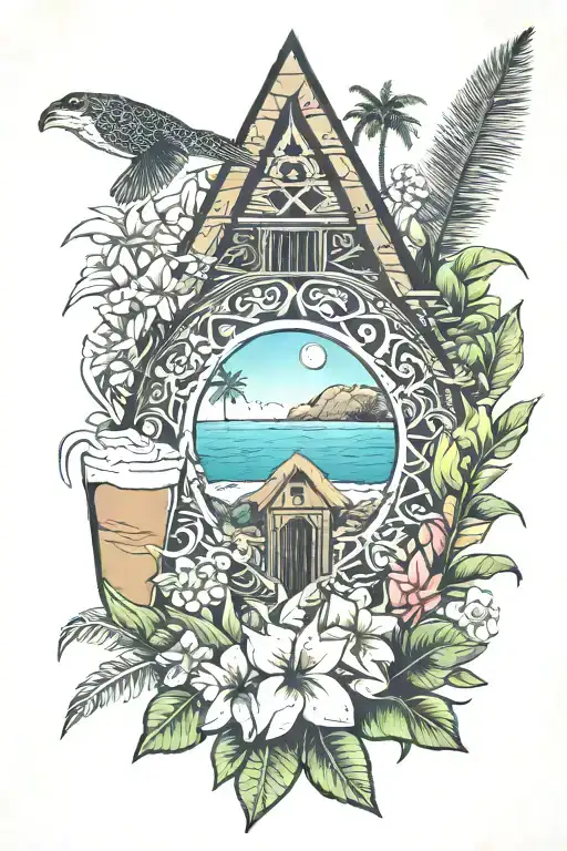 Guam Seal with tropical native flowers, a tiki, traditional latte stone and hut, the ocean and a turtle tattoo design idea