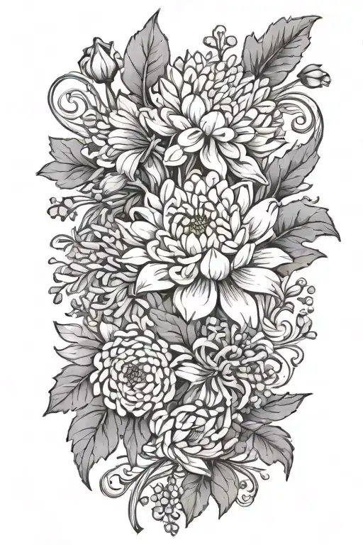 chrysanthemum violet lilly of the valley marigold  tattoo design idea