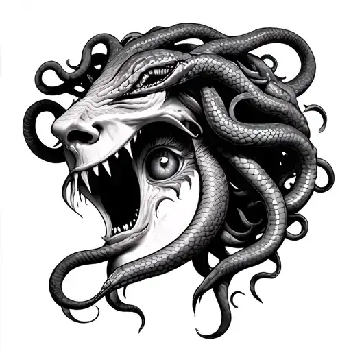 medusa head snakes cracking face and crying eye tattoo design idea