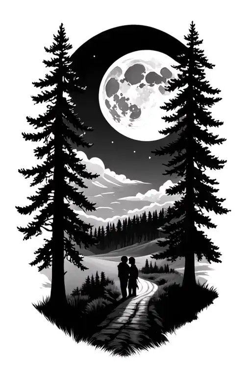 pine forest with one more road a couple and the moon tattoo design idea