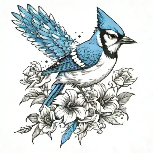 blue jay bird flying, larkspur flowers, stars forming the shape tattoo design idea