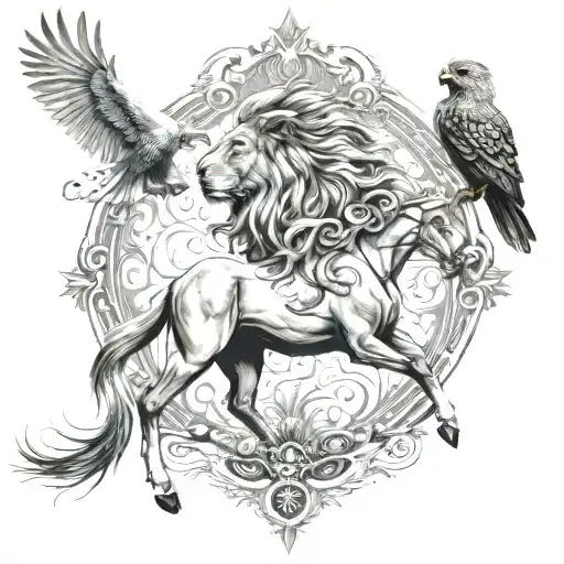 race horse with a #7, tree of life background, owl flying in air, 2 lions a male and female with 2 lion cubs walking  tattoo design idea