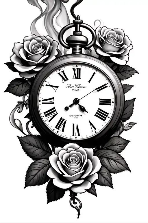Pocket Watch Roman numerals roses smoke time 3.50pm tattoo design idea