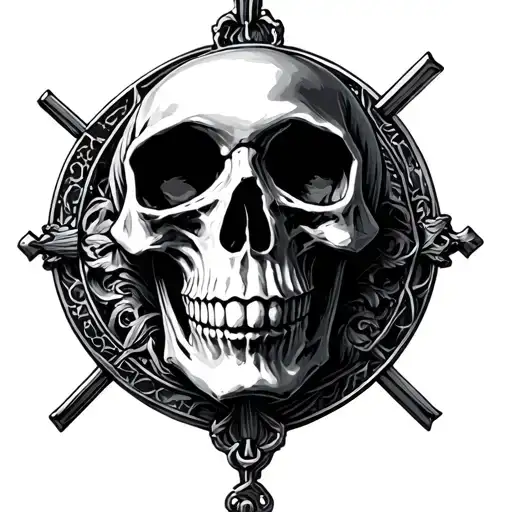 cybersiglism skull surrounded by a saint benedict medal tattoo design idea