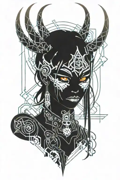 anime girl with devil horns, an oni tail, scar over eye, tongue sticking out, pentagrams, fire, hell tattoo design idea