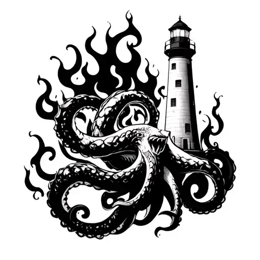 Tattoo design where the lighthouse stands tall amidst swirling flames, with the kraken's tentacles reaching out from the tattoo design idea