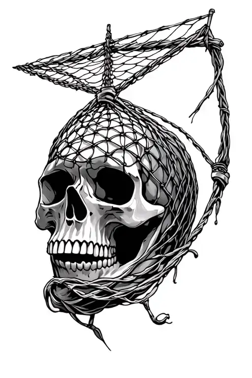 trawl boat fishing skull net intertwined tattoo design idea