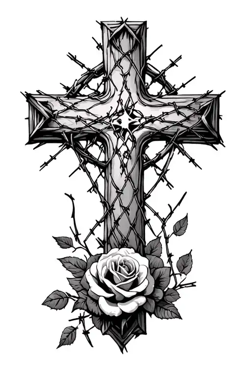 cross surrounded by barbed wire and roses tattoo design idea