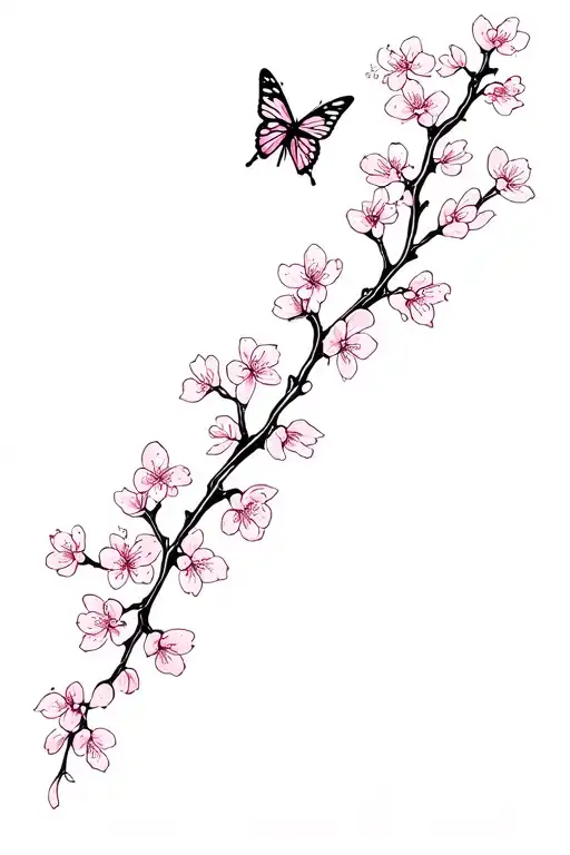 fine line cherry blossom branch with a butterfly next to it tattoo design idea