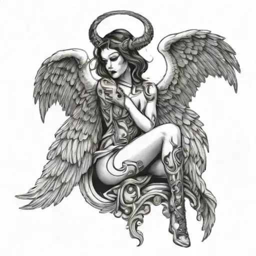 half angel half demon woman wings whole body tattoo design idea