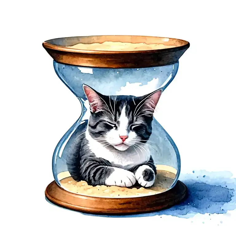 curled up, grey & white, manx cat sleeping inside the bottom section of a big hourglass, all the sand at bottom section tattoo design idea
