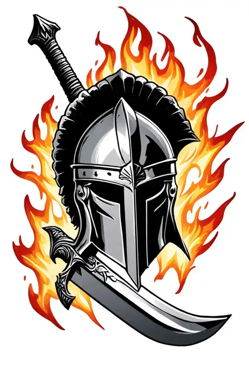 sparta helmet with sword surrounded fire tattoo design idea
