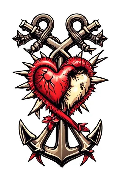 heart cross anchor spikes crossed over each other tattoo design idea