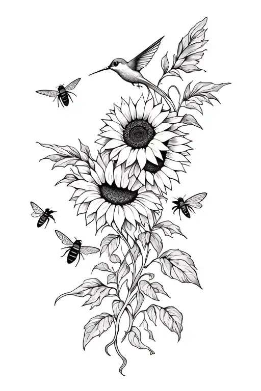 Sunflowers, hummingbird, vines wrapping, bees, fireflies tattoo design idea