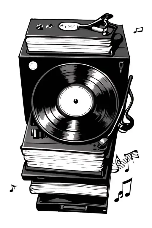 books record player with musical notes tattoo design idea