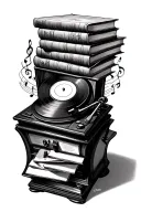 books record player with musical notes tattoo design idea