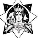 a prince wearing a crown with in the background a medieval castle underneath a stary sky in a star shaped frame tattoo design idea