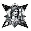 a prince wearing a crown with in the background a medieval castle underneath a stary sky in a star shaped frame tattoo design idea