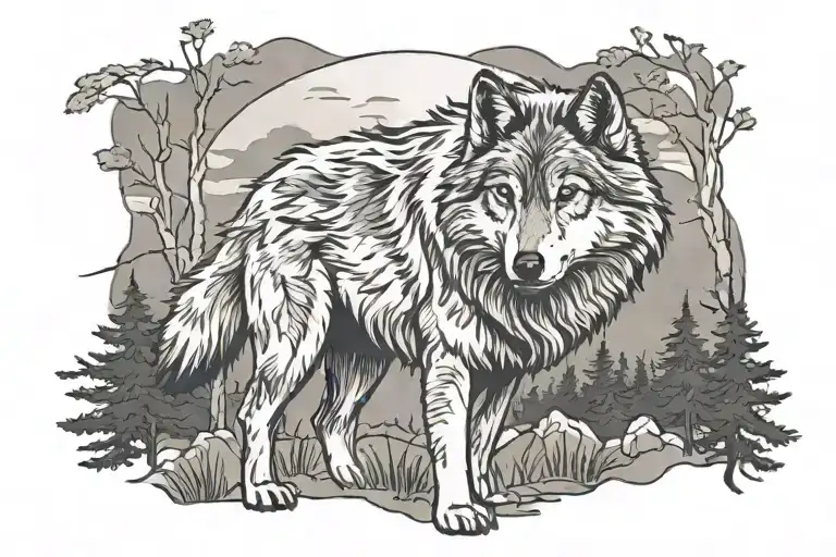 wolf, sheepdog, trees  tattoo design idea