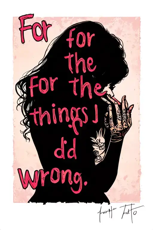 Bold text "for the things I did wrong" with the image of a girl covering her mouth with her hands tattoo design idea