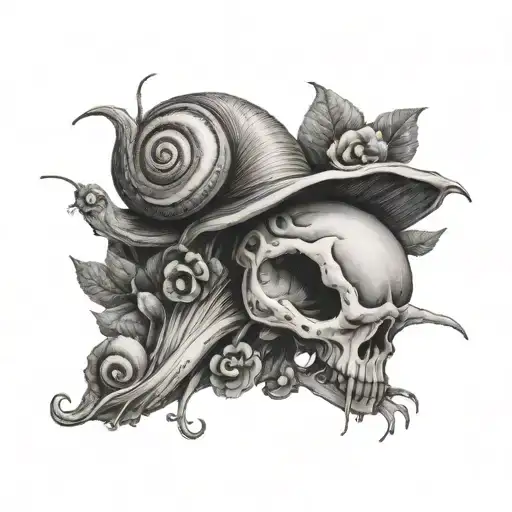 snail with skull and mushrooms tattoo design idea
