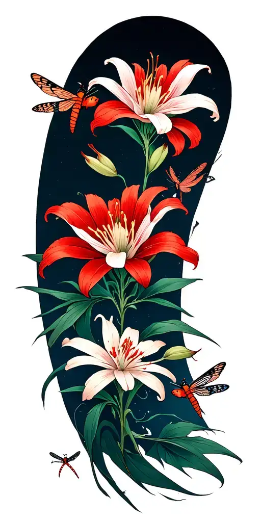 red spider lily with dragonflys surrounding it tattoo design idea
