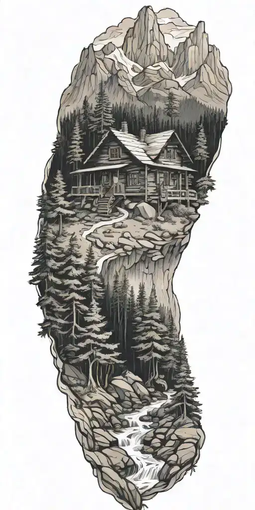 A detailed log cabin in the mountains surrounded by pine trees and a flowing river with a hiking trail. tattoo design idea