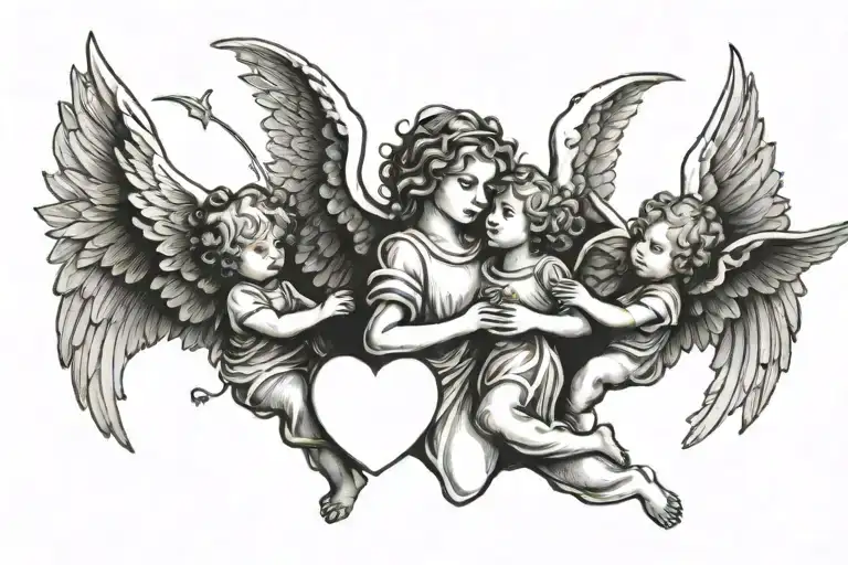 one Angel with 2 little Angels carrying heart shape tattoo design idea