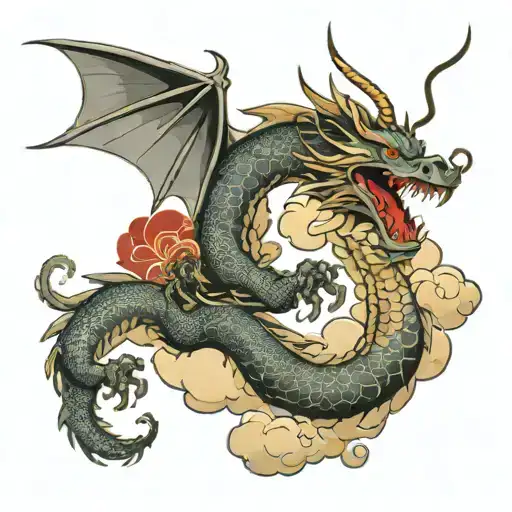 Dragon flying in clouds forming the shape tattoo design idea
