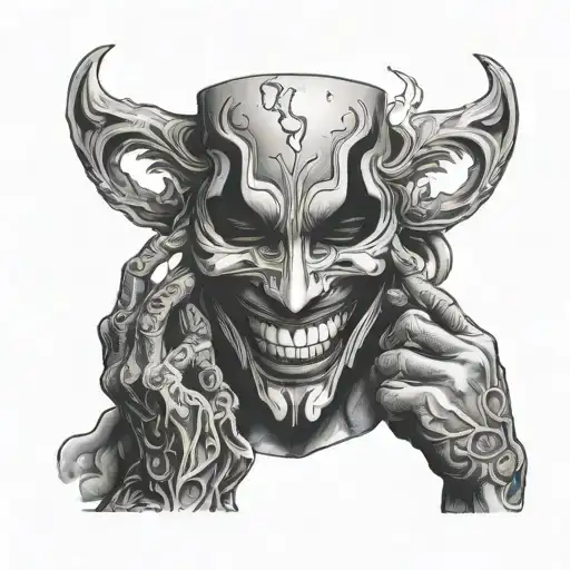 sad man holding a crumbling smiling mask against his face tattoo design idea