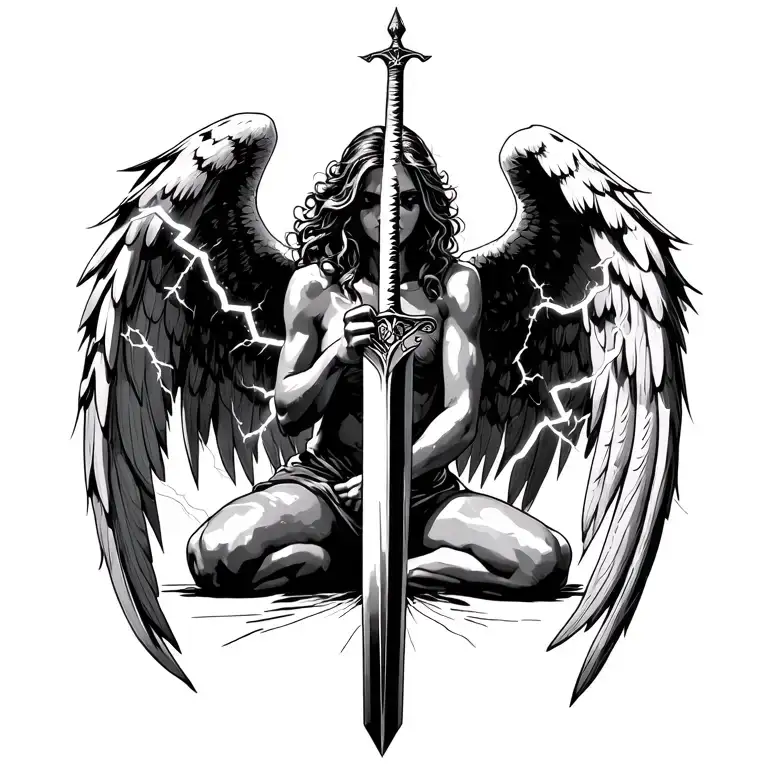 fallen Angel kneeing down holding a sword with its wings pointing upwards with streaks of lightning in the angels backgr tattoo design idea