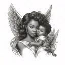 black woman holding baby angel tattoo design idea