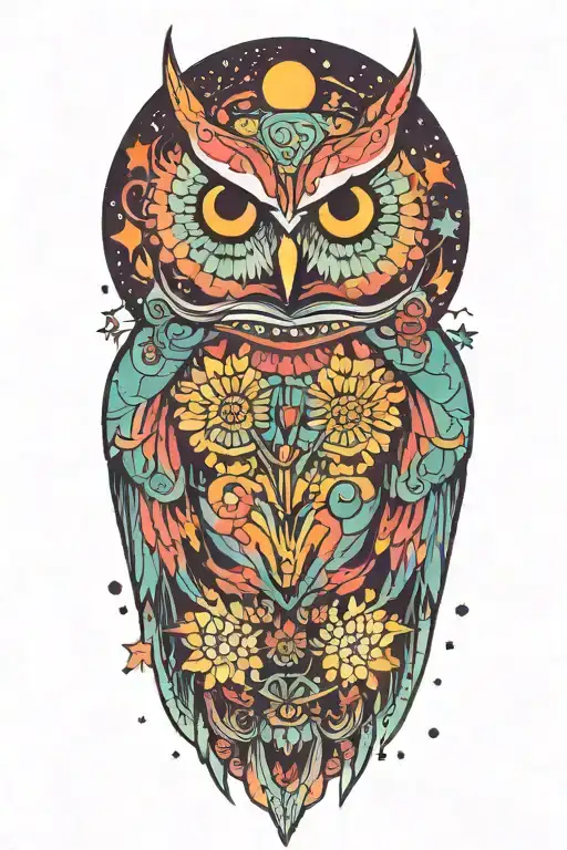 colorful owl with a chrysanthemum  flower and starry background that has planets and rockets tattoo design idea