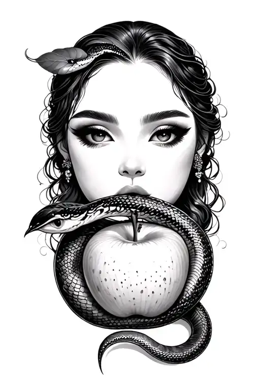 eve eating the apple and snake coiled tattoo design idea