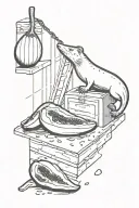 A guillotine cutting a papaya in the corner of a padded room with rats eating the papaya tattoo design idea