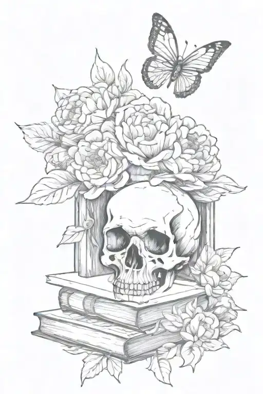 Skull, books, peony flower blooming, butterfly flying tattoo design idea