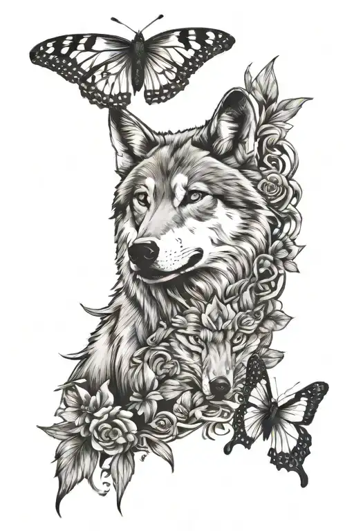 butterfly and wolf head surrounded tattoo design idea