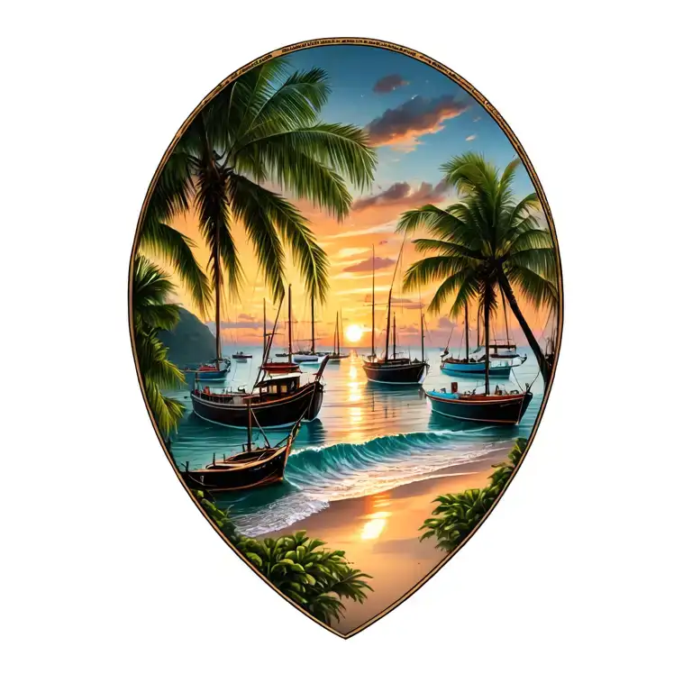 Sunset, Coco Beach & its Bay, Costa Rica, dozens of various size fishing + leisure boats anchored in distance in the Bay tattoo design idea