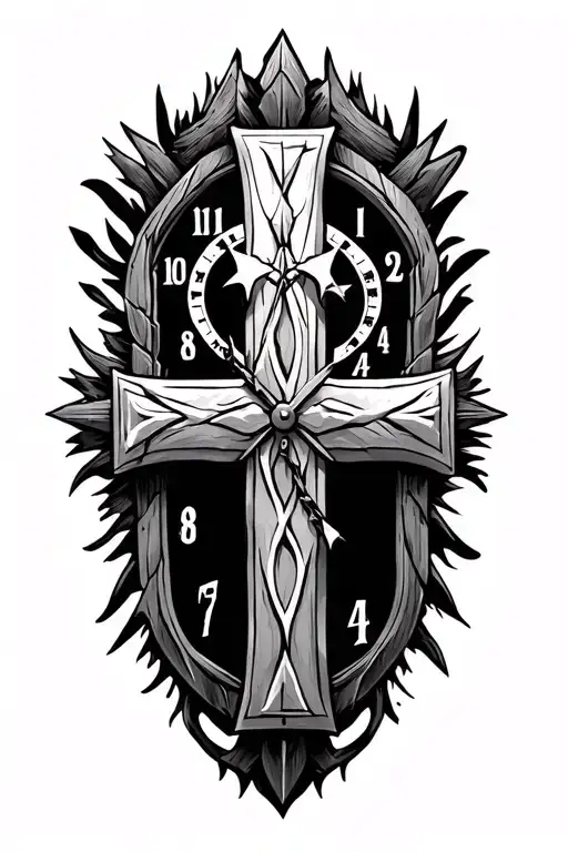 Nordic cross with a clock behind it with the hands on 10 & 3 with a Viking theme as the background  tattoo design idea