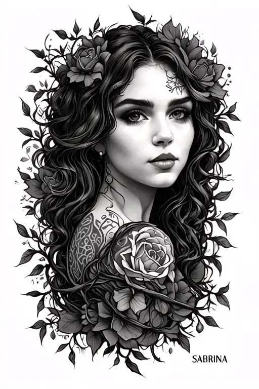 words SABRINA"mixed with vines wrapped tattoo design idea