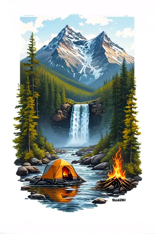 Full sleeve depicting mountains; waterfall; river; forest; camping scene with a dome tent, fire, and a Suzuki DRZs.  tattoo design idea